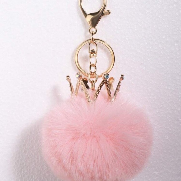 unbranded Accessories - Pink Pom Pom Bag Charm with Crown​